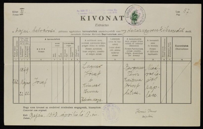 49-323 1940. Keresztelési egyházi kivonat.
