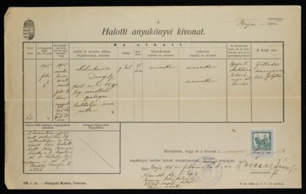 49-324 1915. Milinkovics Dragily ismeretlen lakhelyű 28. gyalogezredbéli katona Halotti anyakönyvi kivonata.