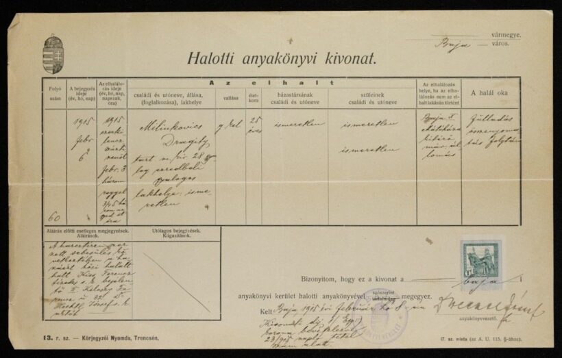 49-324 1915. Milinkovics Dragily ismeretlen lakhelyű 28. gyalogezredbéli katona Halotti anyakönyvi kivonata.