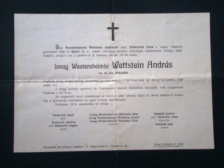 49-914 1914 Gyászjelentés lovag westersheimbi Wettstein András (1864-1938) cs. és kir. százados hősi halotti gyászjelentése
