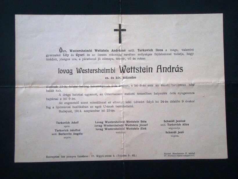 49-914 1914 Gyászjelentés lovag westersheimbi Wettstein András (1864-1938) cs. és kir. százados hősi halotti gyászjelentése