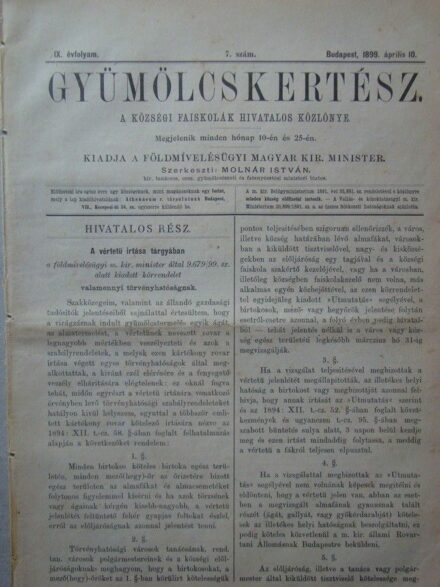 49-1187 1899 "Gyümölcskertészet" 7. szám. A községi faiskolák hívatalos közlönye