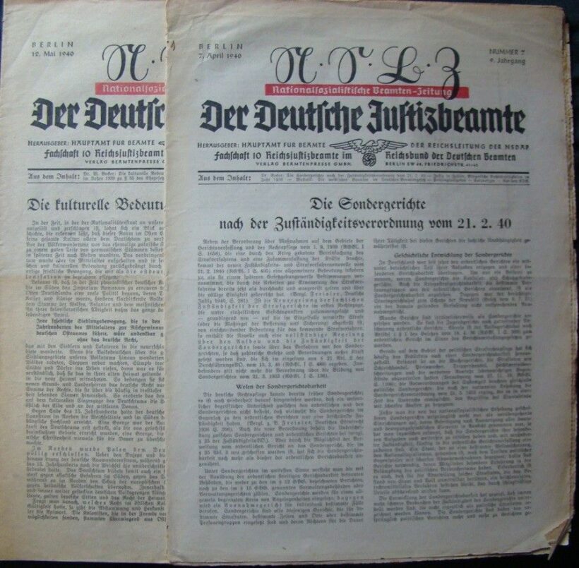 49-1200 1940 2 db Német Igazságügyi alkalmazottak, havonta kétszer megjelenő lapja benne a speciális biróságok jogétrelmezése