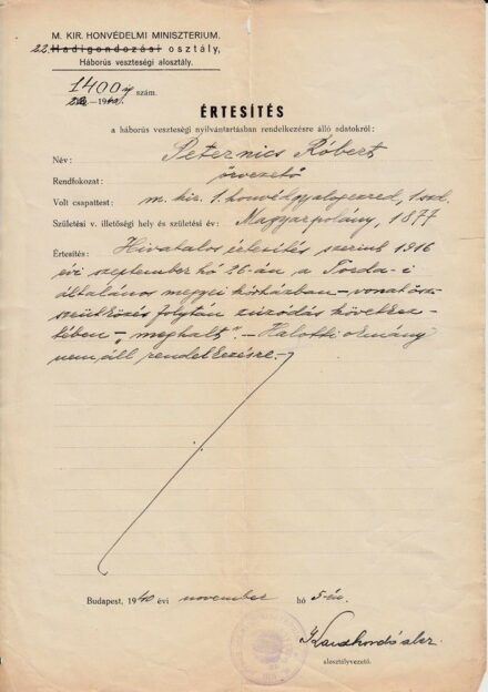 49-1480 1940 Értesítés háborús veszteségi nyílványtartásba vételről