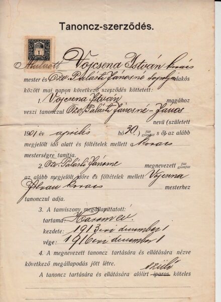 49-1612 1913 Tanonc szerződés okmánybélyeggel és a Topolyai Ipartestület pecsétjével