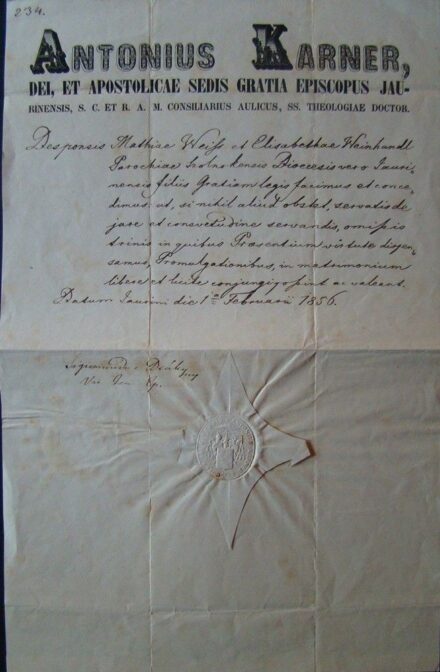 49-1615 1856 Kerner Antal győri püspök fejléces levéle Deáky Zsigmond (1795-1872) költő, nyelvész, római katolikus pap, a Magyar Tudományos Akadémia tiszteleti tagja. aláírásával