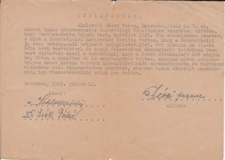 49-1618 1945 Nyílatkozat tartalékos honvéd és családjának eltünéséről