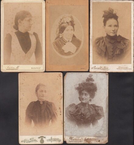 49-830 cca 1870-1890 Korabeli, keményhátú portré fotók, 5db, különböző pesti műtermekből: Bienenfeld és Társa, Boros, Fréter, Neumanh, Mai és Társa 12x8 cm