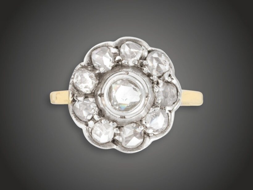 Gyűrű, 375 au, ag, 1 bril., 9 gyém. cca. 0,90 ct, 2,4 g 