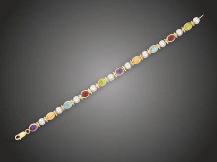 Karkötő, 585 au, ametiszt, citrin, gránát, olivin, topáz, 10 bril. cca. 0,10 ct, 14,7 g 