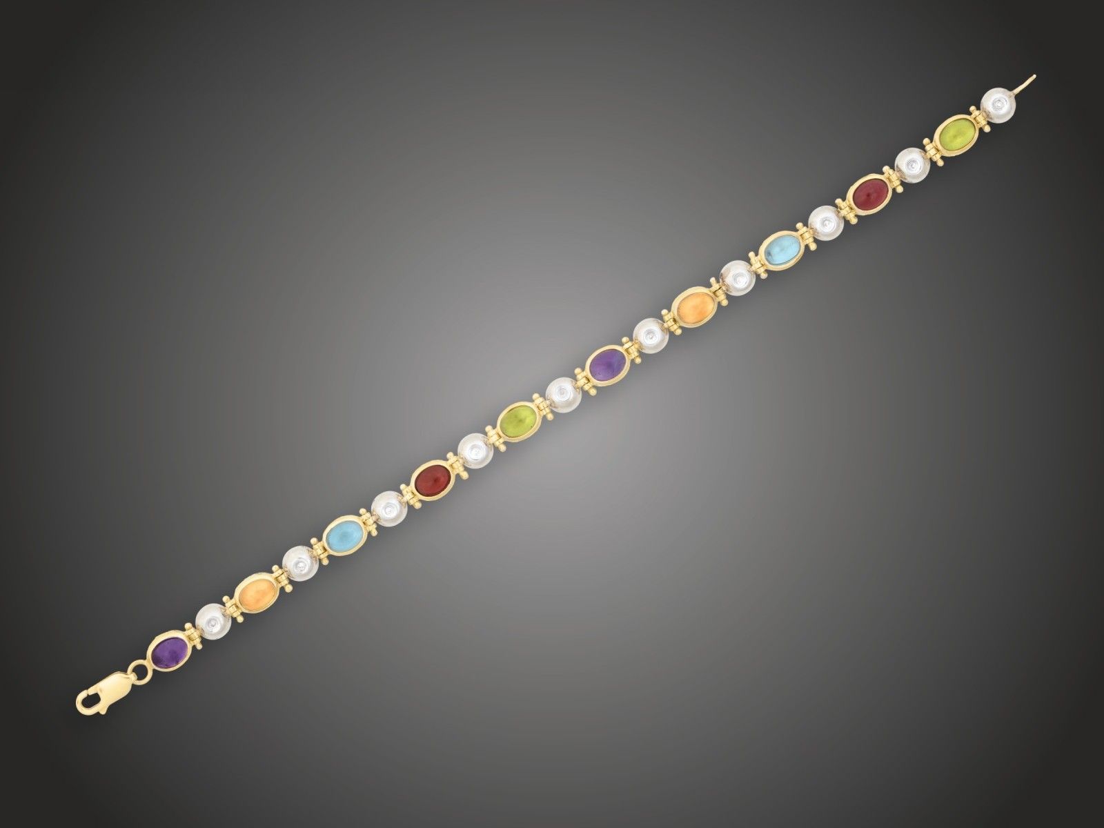 Karkötő, 585 au, ametiszt, citrin, gránát, olivin, topáz, 10 bril. cca. 0,10 ct, 14,7 g