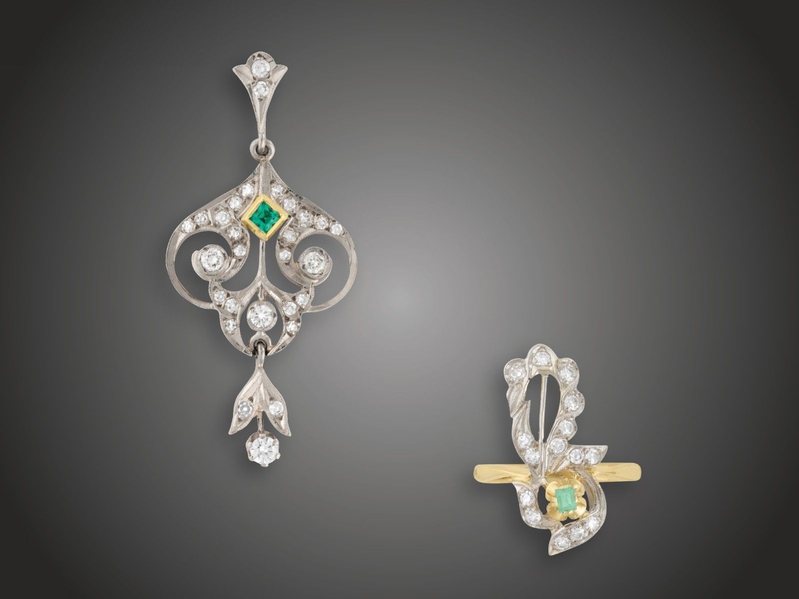 Ékszer, 2 db, 585, 750 au, 2 smaragd, 43 bril. cca. 0,95 ct, 11,3 g