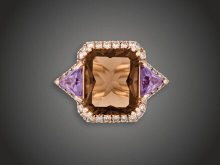 Gyűrű, 750 au, füstkvarc, ametiszt, 56 bril. cca. 0,75 ct, 7,0 g 
