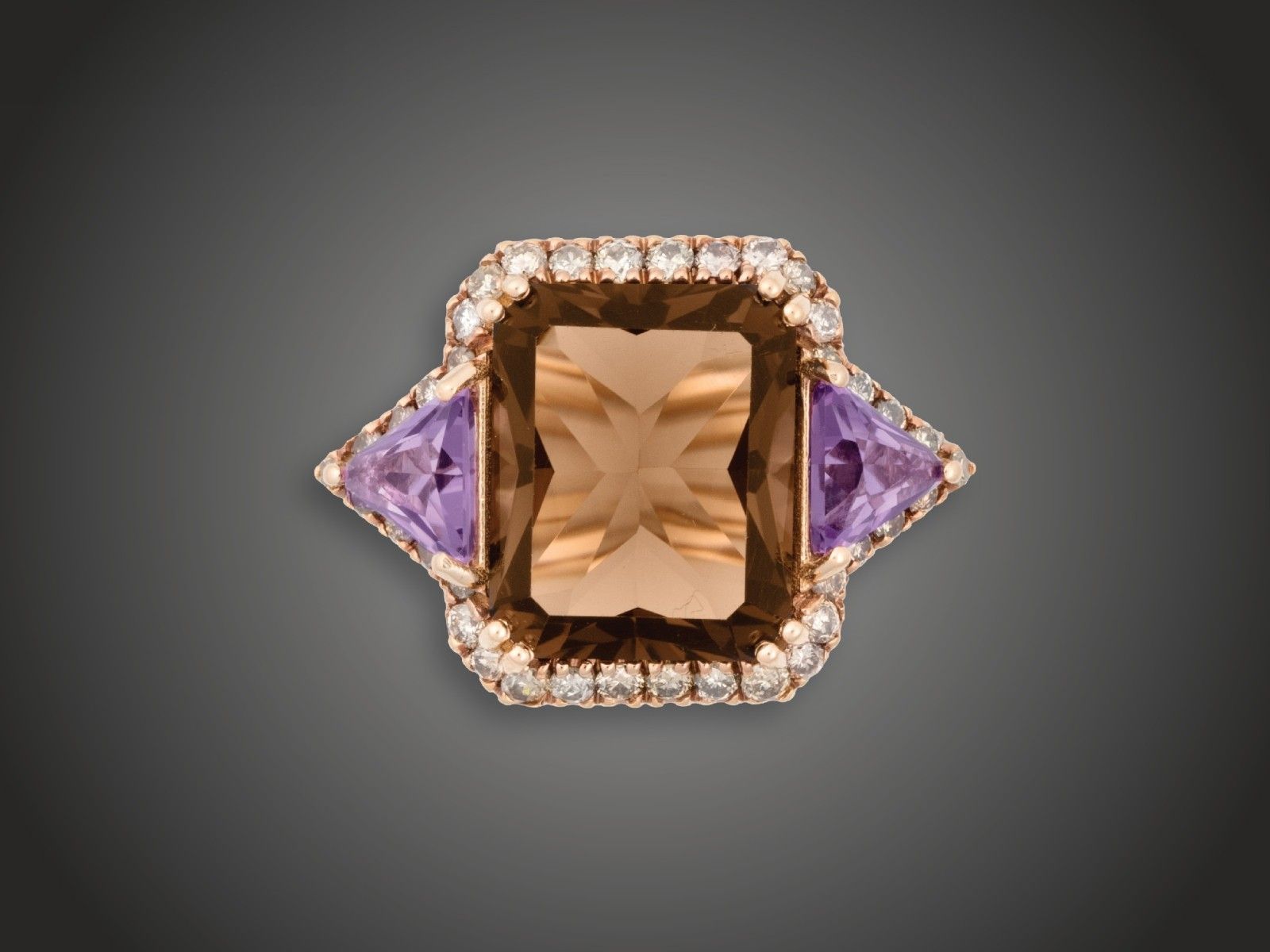 Gyűrű, 750 au, füstkvarc, ametiszt, 56 bril. cca. 0,75 ct, 7,0 g