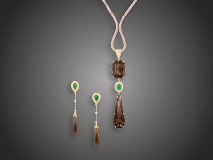 Garnitúra, 2 db, 585 au, füstkvarc, jade, 55 bril. cca. 1,40 ct, 35,2 g, 