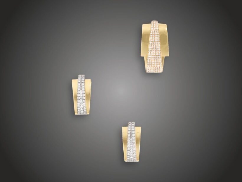 Fülbevaló, függő, 750 au, 121 bril. cca. 1,40 ct, 24,7 g 
