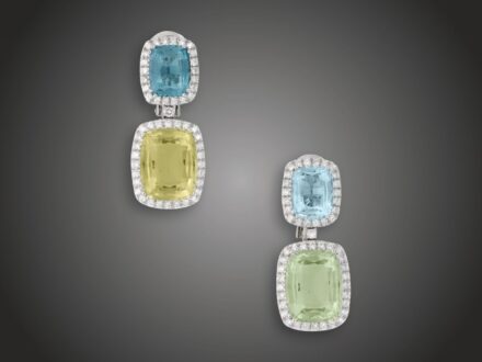 Fülbevaló, 750 au, 2 topáz, citrin, zöld kvarc, 104 bril. cca. 1,10 ct, 17,6 g 