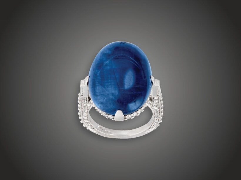 Gyűrű, 750 au, cianit, cca. 33,0 ct, 120 bril. cca. 1,20 ct, 13,9 g 