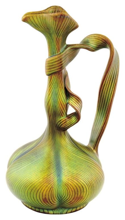 Zsolnay Váza, magas nyakú, ráfonódó szalagos füllel, Tiffany-dekorral, Zsolnay, 1898-1899