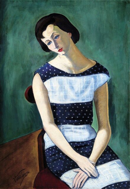 Vörös Géza (1897-1957) Pettyesruhás nő, 1933 körül (Női portré, Ülő nő, Fiatal lány pöttyös ruhában)