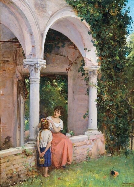 Skuteczky Döme (1850-1921) (Skutetzky Dominik) Virágfűzéres kislány, 1878