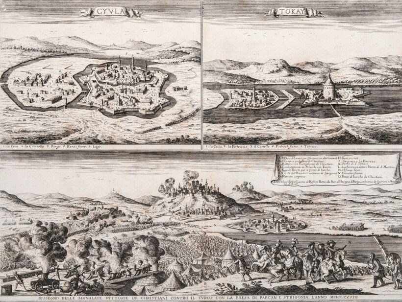 Rossi, Giacomo de (1627-1691): Tokaj, Gyula madártávlati képe - Esztergom ostroma Párkány felől
