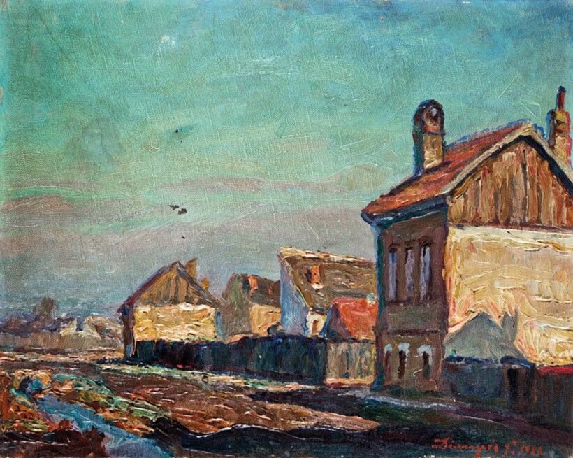 Dinnyés Ferenc (1886-1958): Szegedi városrész a rókusi tónál, 1928