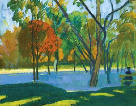 Pór Bertalan:Parkrészlet vöröslő lombokkal (Padon ülő), 1910 körül