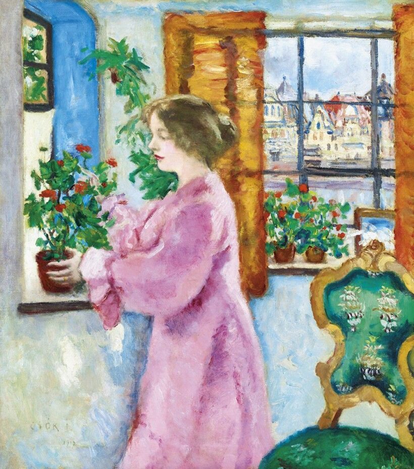 Csók István:Virágos ablaknál (Kilátás a városra), 1917