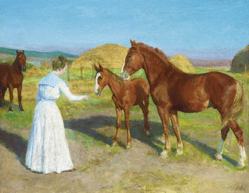 Glatz Oszkár:Fehér ruhás hölgy lovakkal, 1905 körül