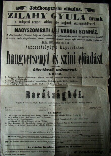 50-843 1881 Szinházi plakát a Nagyszombati Városi Szinház előadására.