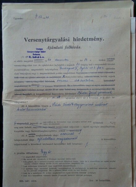 50-921 1948. A sásdi tüdőgondozó intézet butorberendezésére Versenytárgyalási hírdetmény