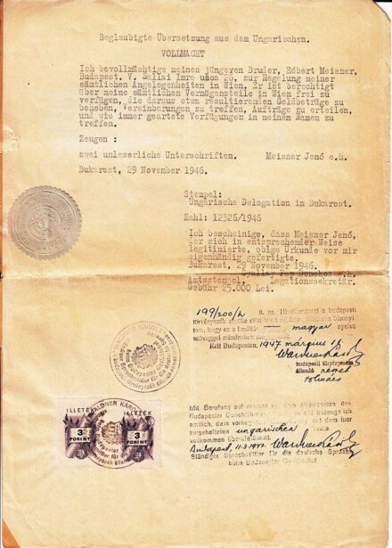 50-615 1946. Hitelesített meghatalmazás "Magyar Delegáció Bukarestben" körpecséttel