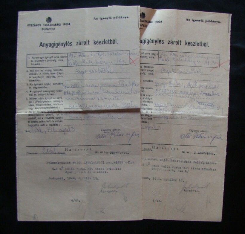 50-923 1946. 2db Anyagigénylés zárolt készletből / Országos Fagazdasági Iroda Budapest