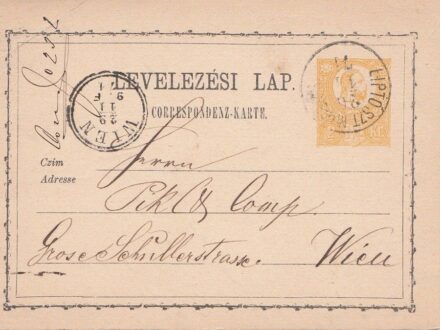 50-713 1874 2kr levelezőlap "LIPÓT-SZENTMIKLÓS" - "WIEN"