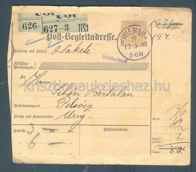 50-109 1897. 5k csomagkísérő gyapjúszövet feladásáról