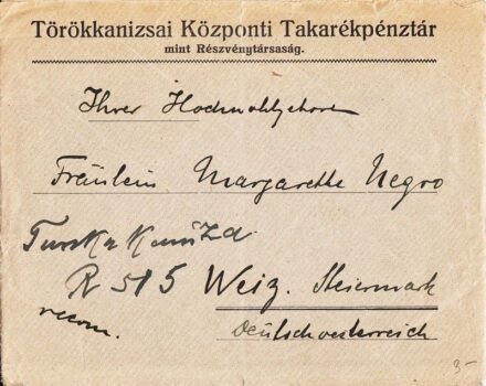 50-1205 Levélboríték a Törökkanizsai Központi Takarékpénztár Rt. fejlécével