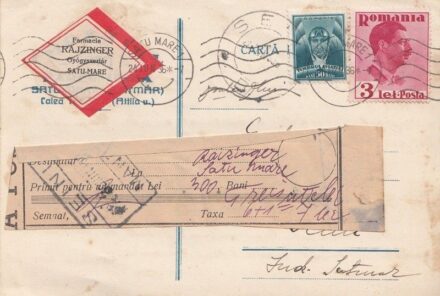 50-1206 1936 Levelezőlap a Marosvásárhelyi gyógyszertárba címezve, melyben az Erdély-bánáti gyógyszerész egyesület tiltakozik a a gyógyszerészeti jogok megszüntetése ellen.