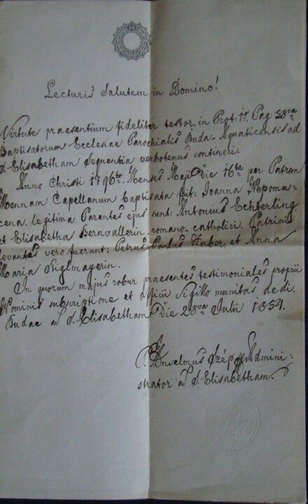 50-1151 1854 Igazolás házasság kötésről