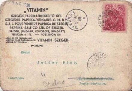 50-1210 1938 levelező lap "VITAMIN" Szegedi Paprikaértékesítő Kft "Szeged"-"Orebro"-"Stockholm" postai bélyegzővel