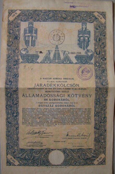 50-1301 1914 Államadósági kötvény / Járadék kölcsön 100 koronáról, szelvényel és szárazpecséttel, pecséttel