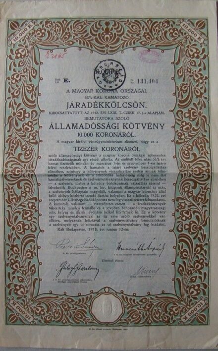 50-1108 1918 Államadósági kötvény / Járadék kölcsön 10.000 koronárol, szelvényel és szárazpecséttel, pecséttel
