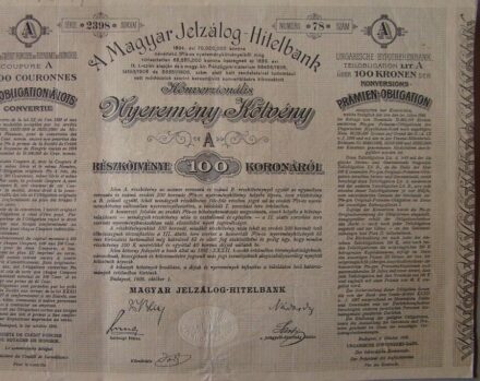 50-1045 1906 Magyar Jelzálog Hitelbank kötvénye 100 koronáról, szárazpecséttel