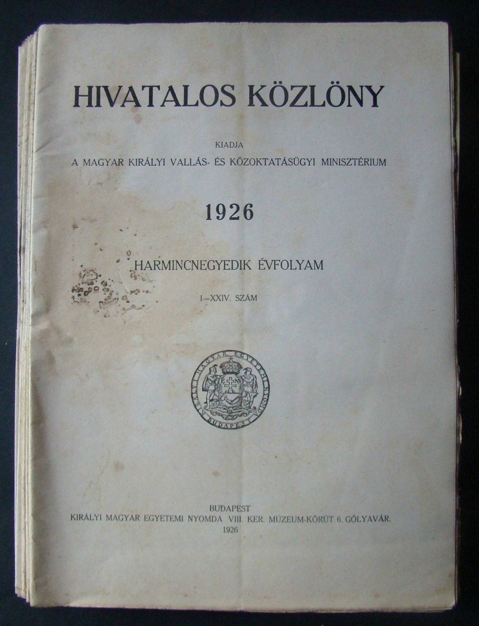 50-1628 1926 Hivatalos Közlöny a Magyar Kir. Vallás - és Közoktatási Minisztérium lapja / Teljes év