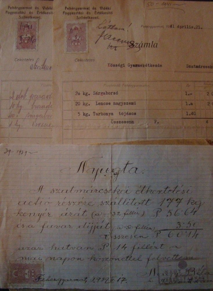 50-988 1940 3 db számla a Szatmárcsekei gyermekétkezde számára