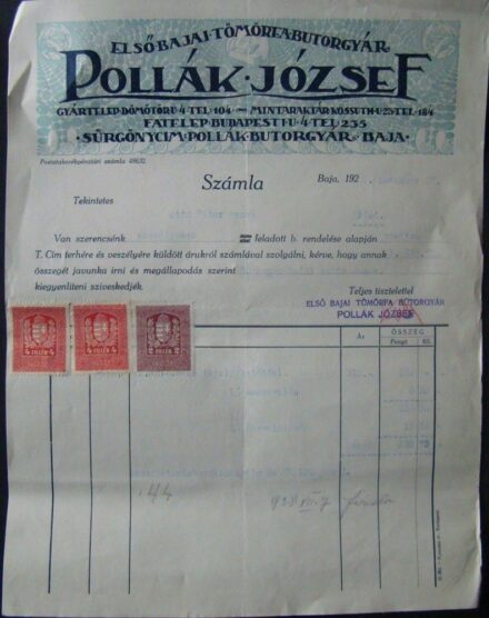 50-1546 1928 Pollák József butorgyáros fejlécdes számlája (Baja)