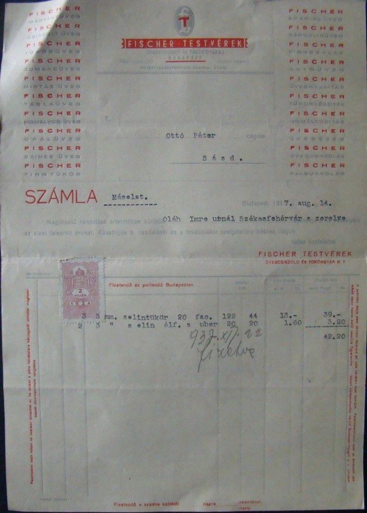 50-1290 1937 Fischer testvérek Üvegcsiszoló és Tükörgyár Rt fejléces számlája Budapest