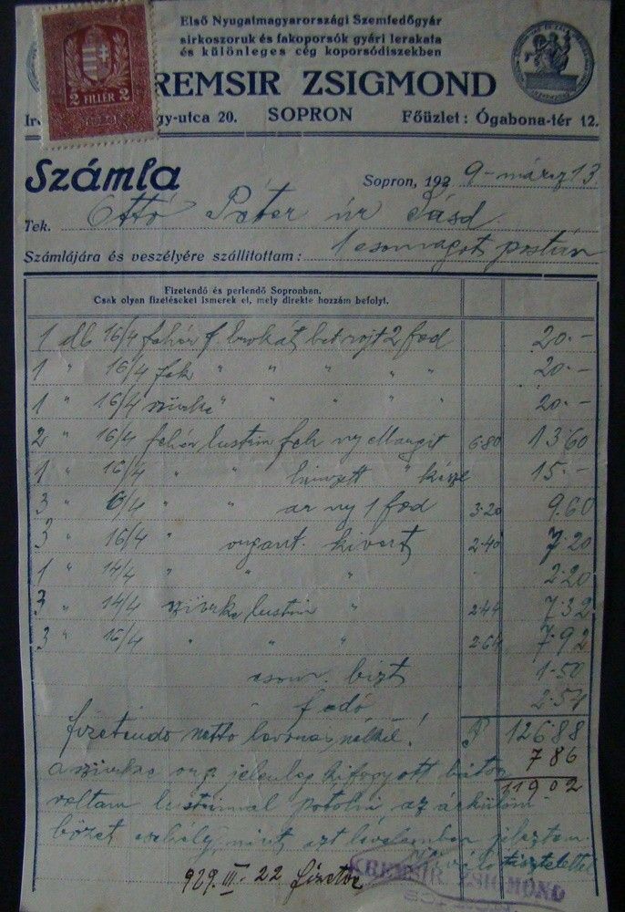 50-1578 1922 Kremsir Zsigmond fejléces számlája (Sopron)