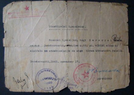 50-1115 1945 Utcabizalmi igazolvány a Magyar Komonista Párt Dunaharaszti alapszervezett pecsétjével, megviselt állapotban
