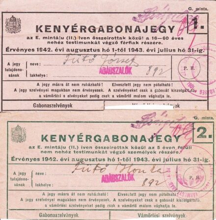51-1320 1942 2 db kenyérgabona jegy 5 éven felüli, nem nehéz testi munkát végző részére